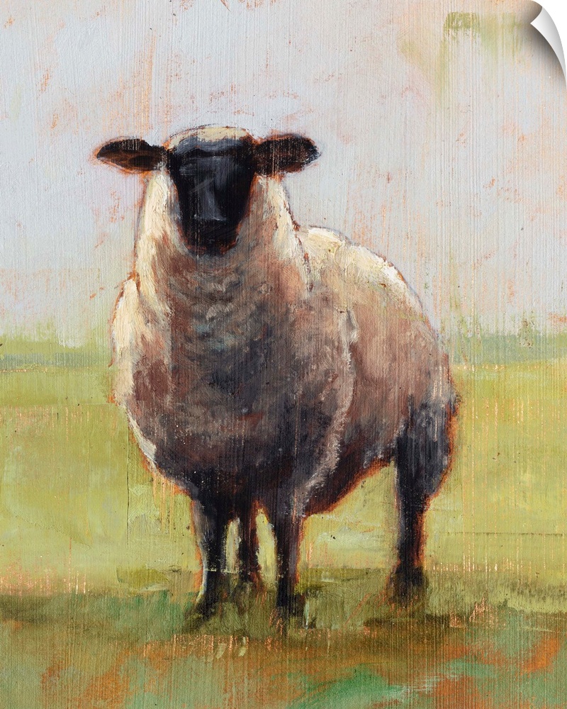 Contemporary rustic painting of a single sheep with an aged look.