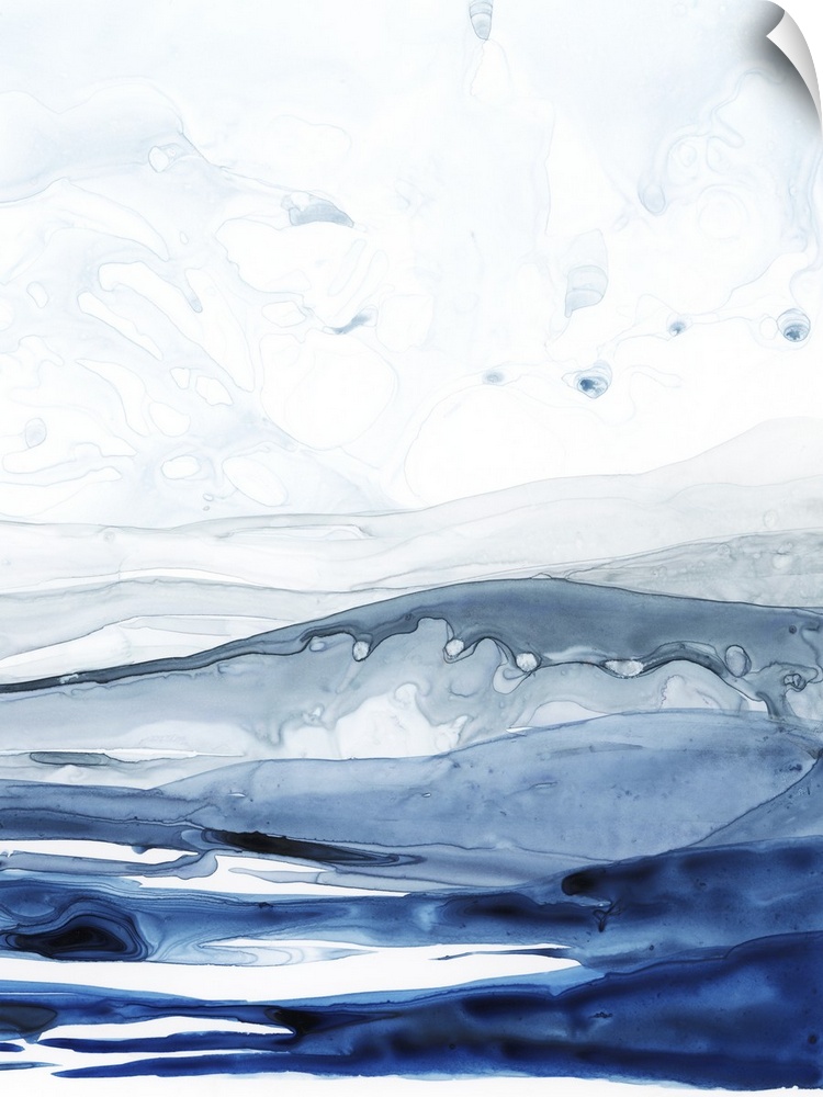 Abstract contemporary painting resembling a deep blue ocean under a pale white sky.