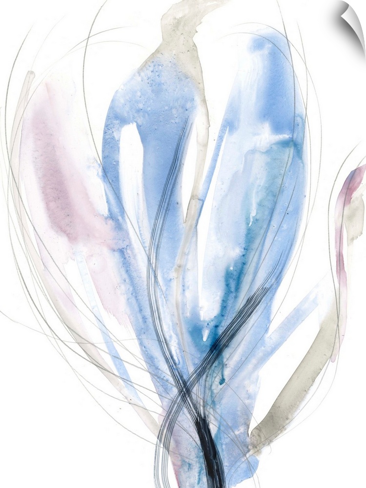Contemporary abstract painting of a floral shaped form in azure blue.