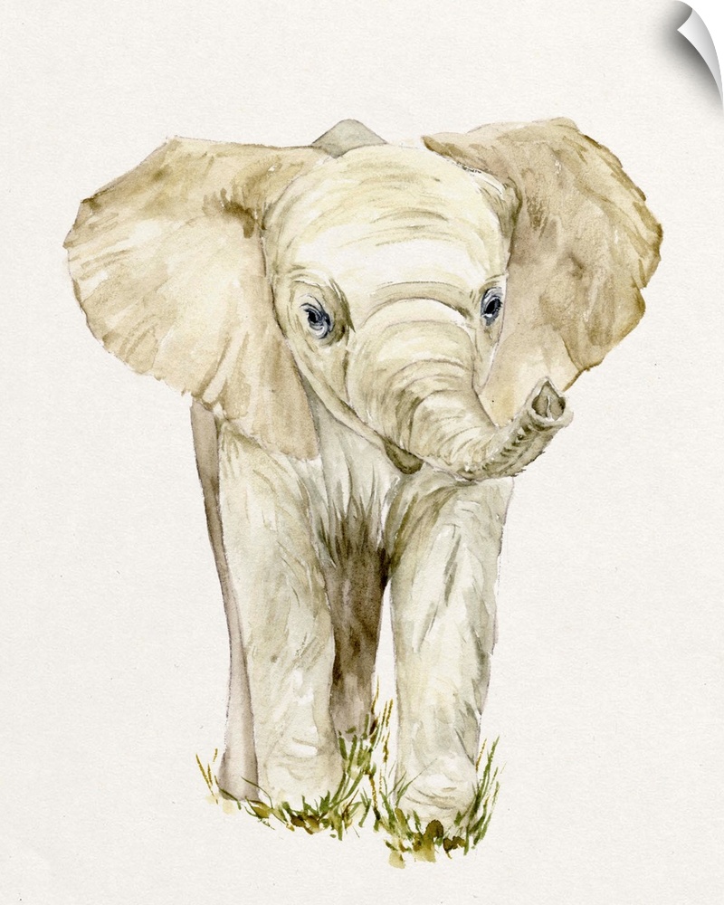 Watercolor art print of a young elephant in sepia tones.