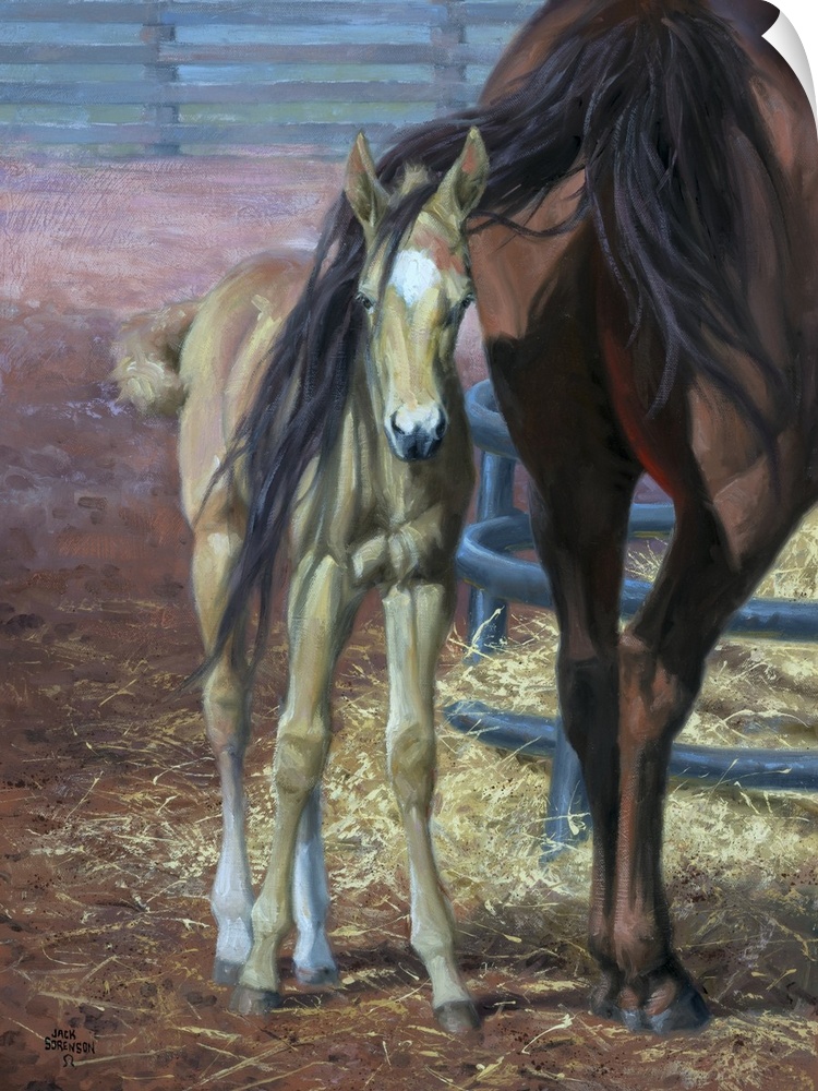 Lively brush strokes that create a humorous scene of a foal and their mother in this contemporary artwork.