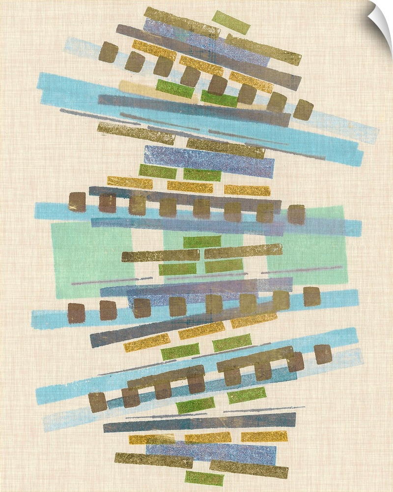 Mid-century inspired abstract artwork using muted colors in stacked rectangular shapes.