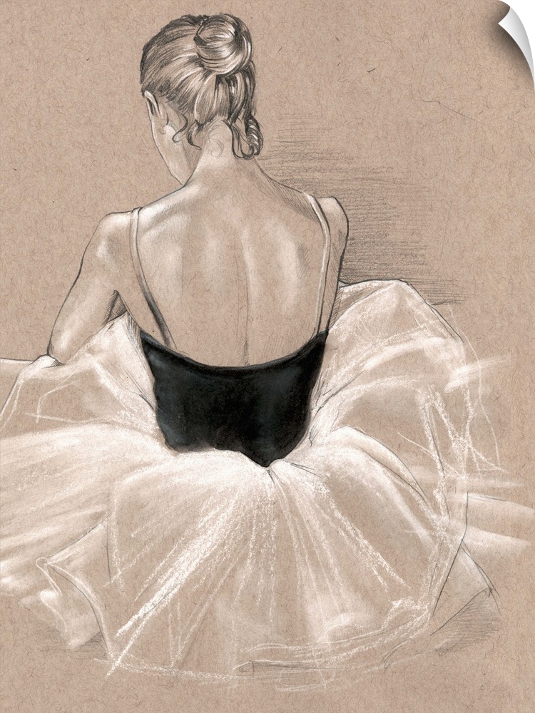 Detail drawing of the back of a ballerina sitting, done in black and white on a beige background.