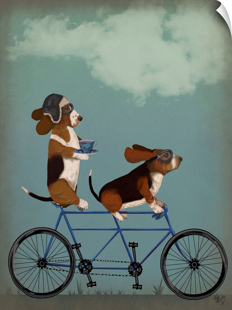 Decorative artwork of two Basset Hounds riding on a tandem bicycle, with the one in the back drinking a cup of tea.