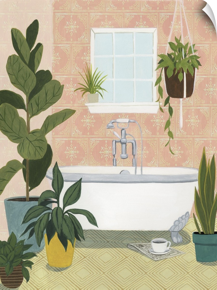 Fun contemporary painting of a bathroom decorated with bright green foliage.