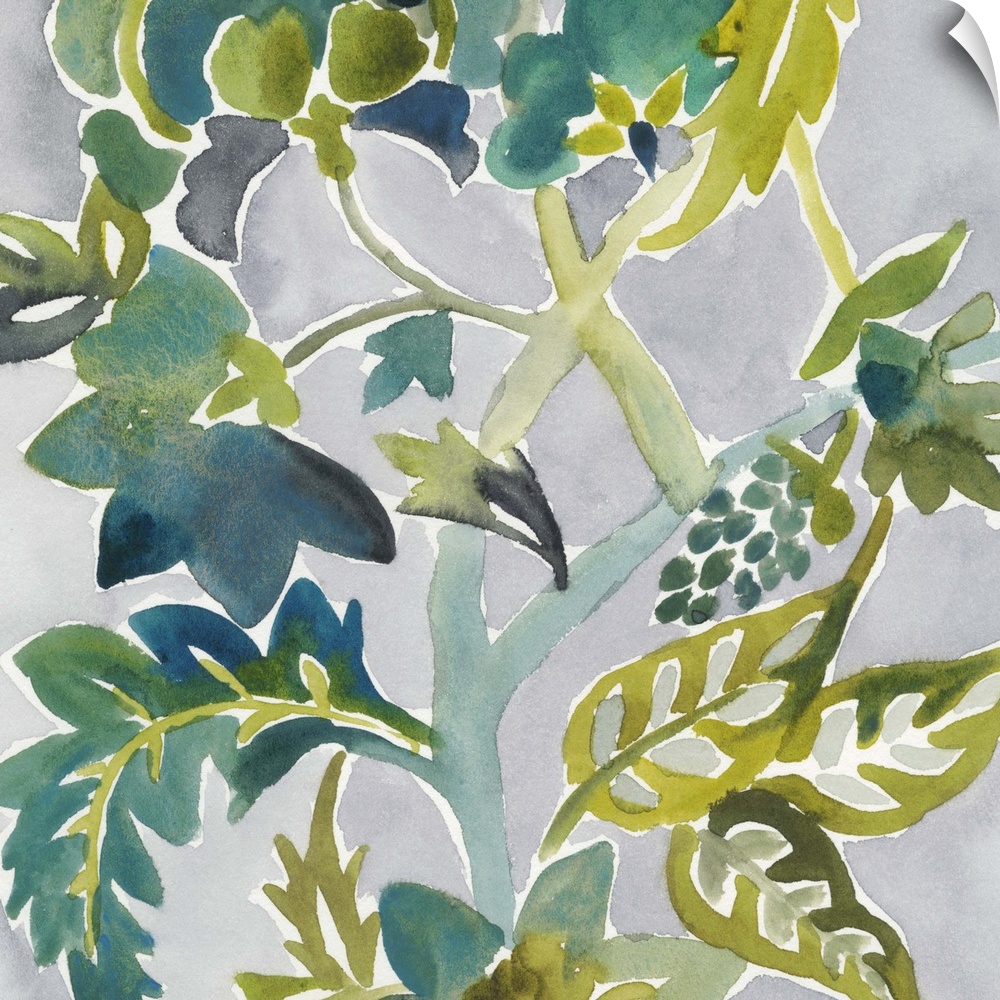 Watercolor painting of delicate vines and floral accents against a soft gray background.