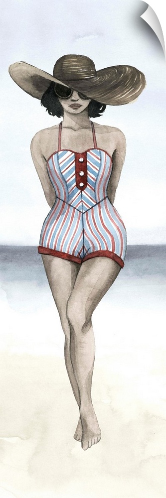 Watercolor portrait of a beautiful woman wearing a large hat, posing on the beach.