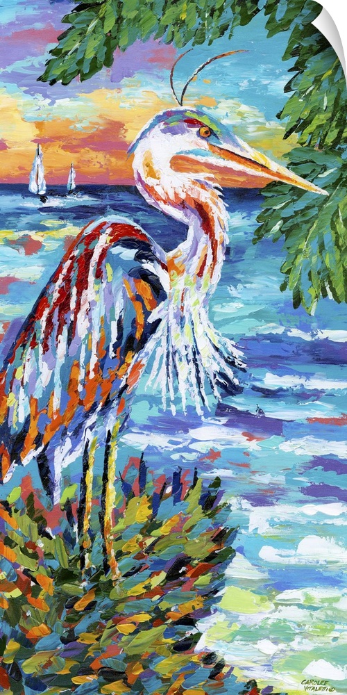 Contemporary painting of a large heron at the edge of the ocean.