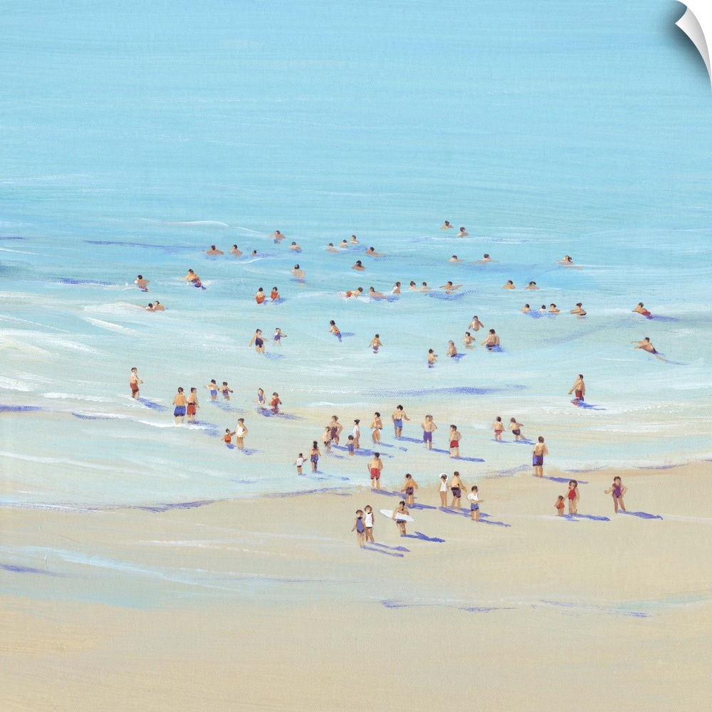 Contemporary painting of an aerial view of people on a sandy beach.