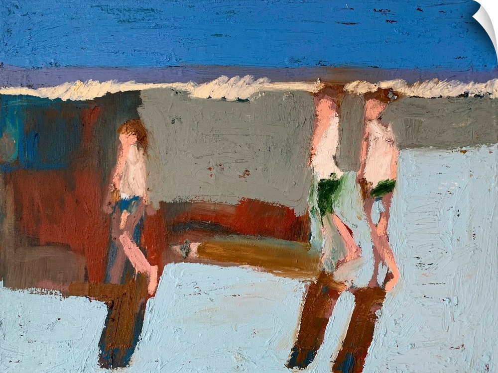 A very blocky, abstracted contemporary painting of three figures walking in front of low waves tumbling onto the beach