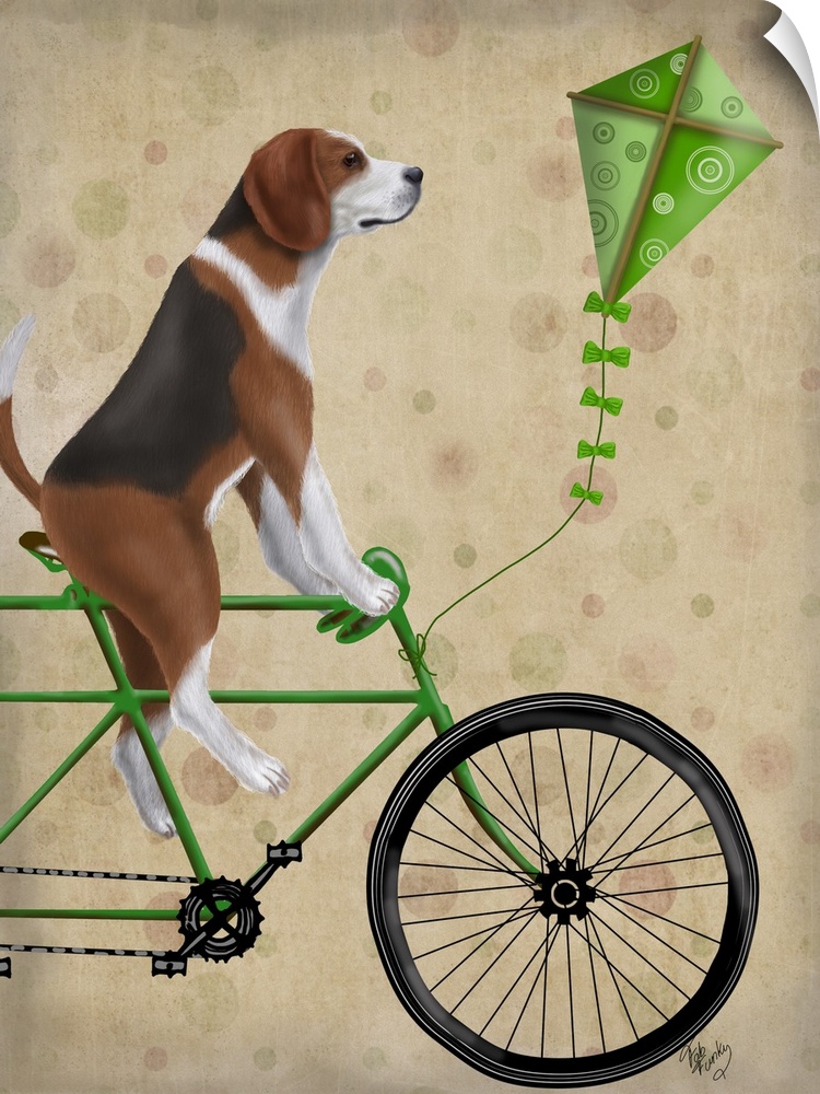 Decorative artwork of a Beagle riding on a green bicycle with a green kite attached to the front.