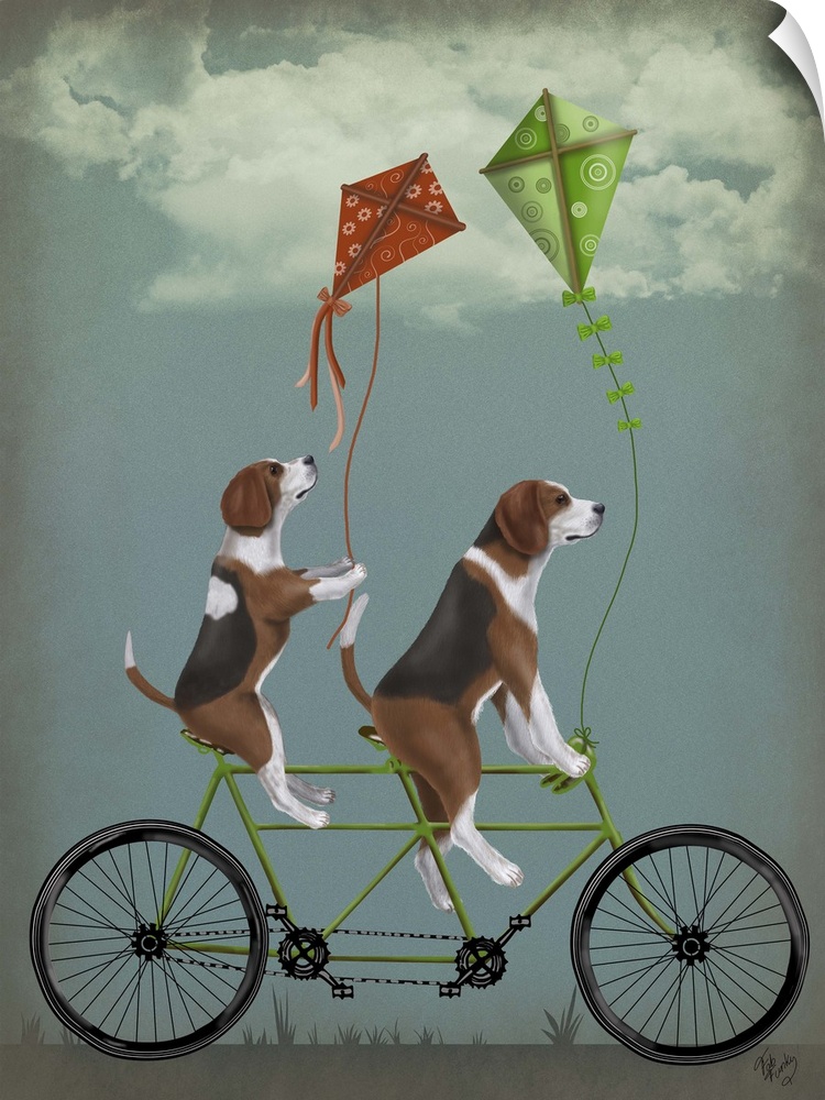 Decorative artwork of two Beagles riding on a tandem bicycle with a green and red kites attached.
