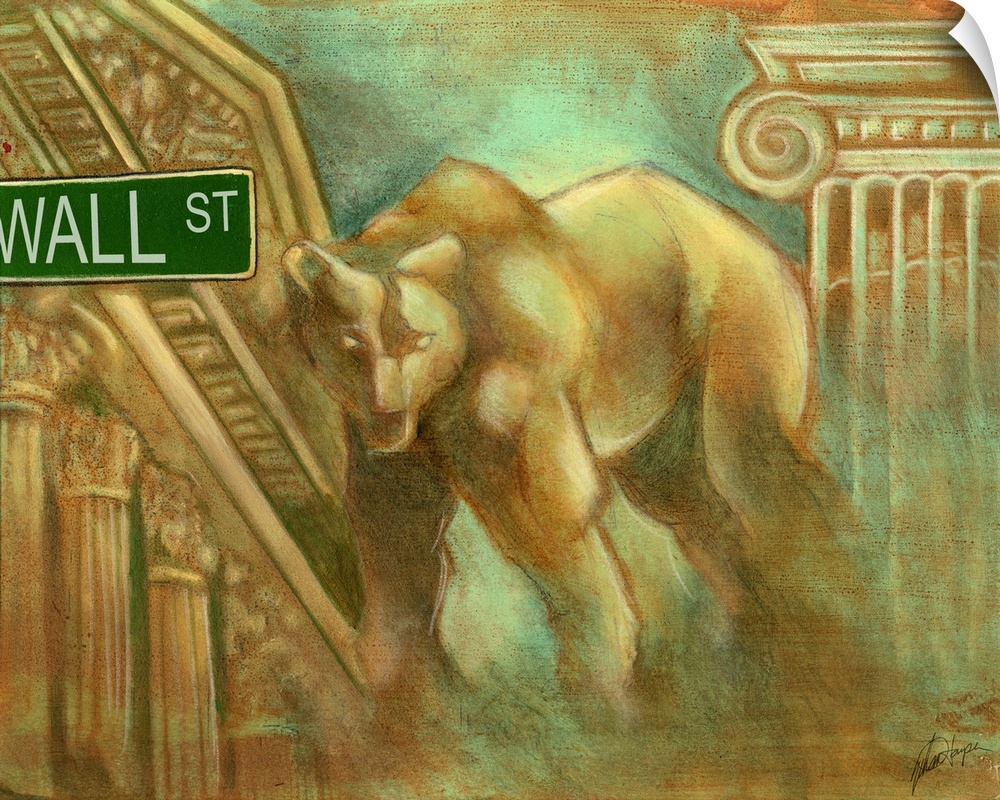 Horizontal artwork for an office of a large, illustrated bear, glaring as he stands in front of part of the New York Stock...