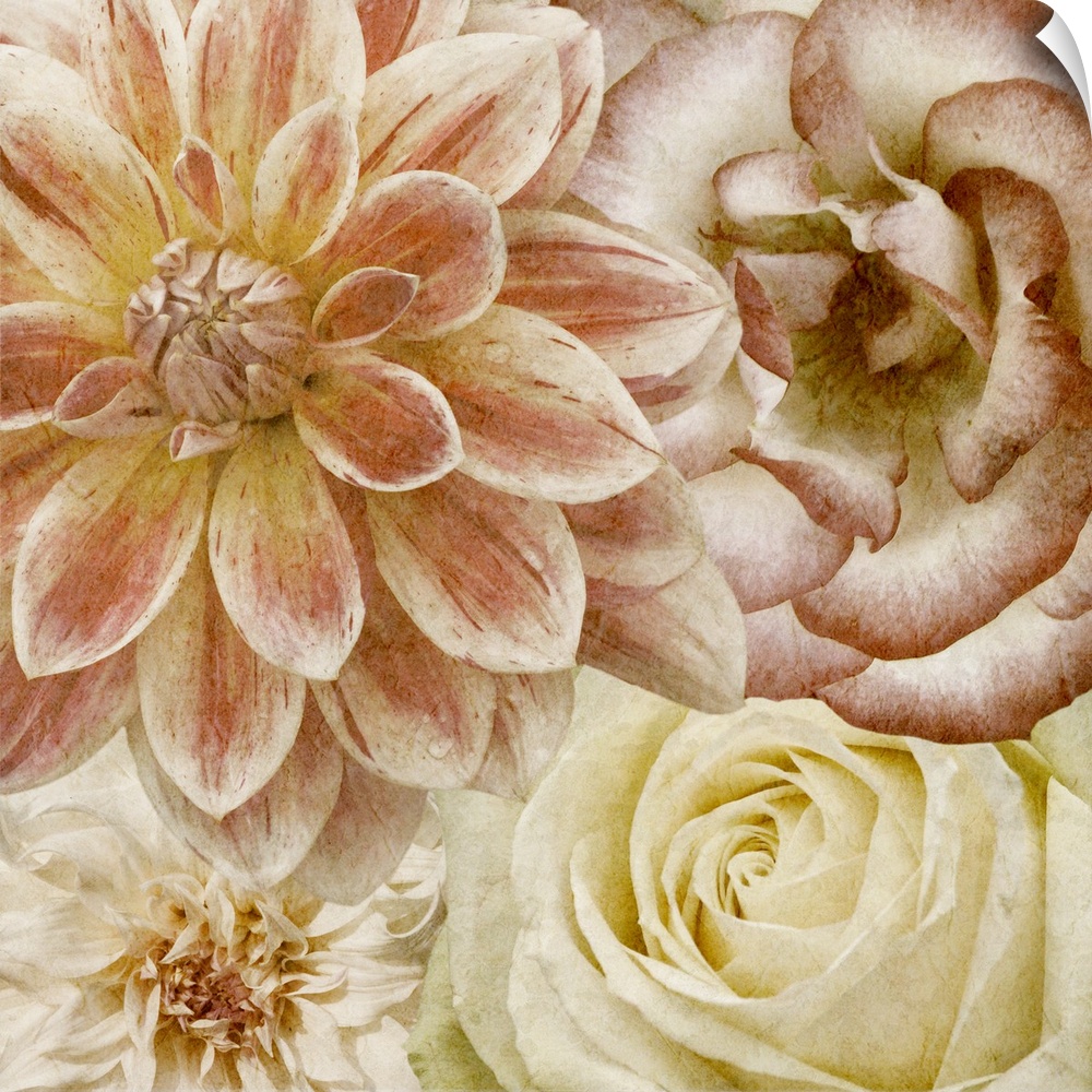 Flowers in shades of pink and yellow fill this decorative art edge to edge.