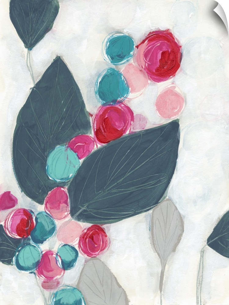 Floral abstract painting in bright pink and teal on a light gray background.