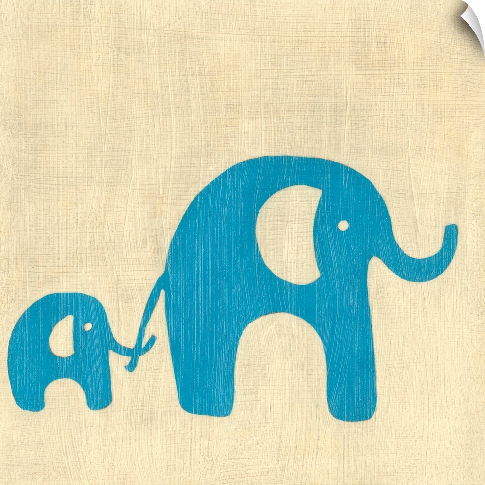Chrildren's themed painting of two simplistic elephants, one holding the other's tail with its nose, on a cream colored ba...