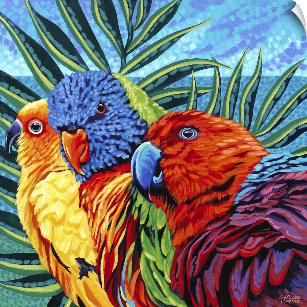 Contemporary painting of three tropical birds, including a Sun Conure, a Rainbow Lory, and a female Eclectus.