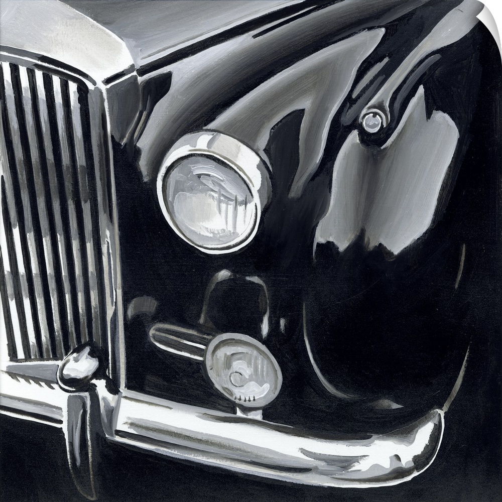 A contemporary painting of a classic vintage car in a polished black finish.