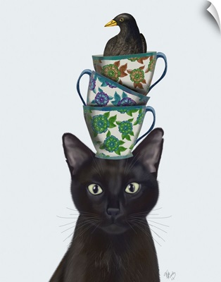 Black Cat with Teacups and Blackbird