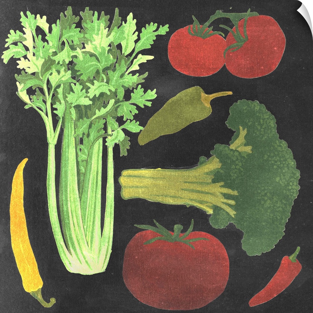 Contemporary artwork of a variety of vegetables in a chalkboard style.