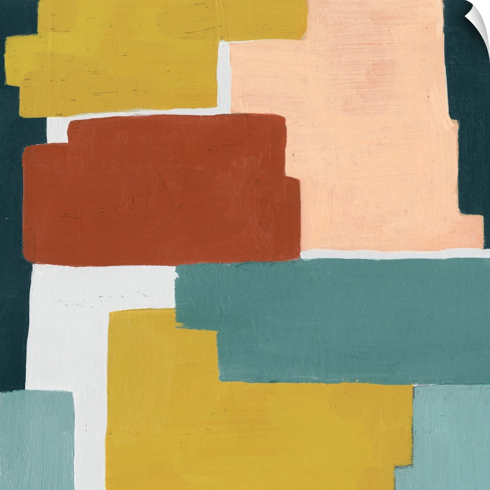 Contemporary artwork featuring blocks of color in shades of orange, yellow and blue-green.