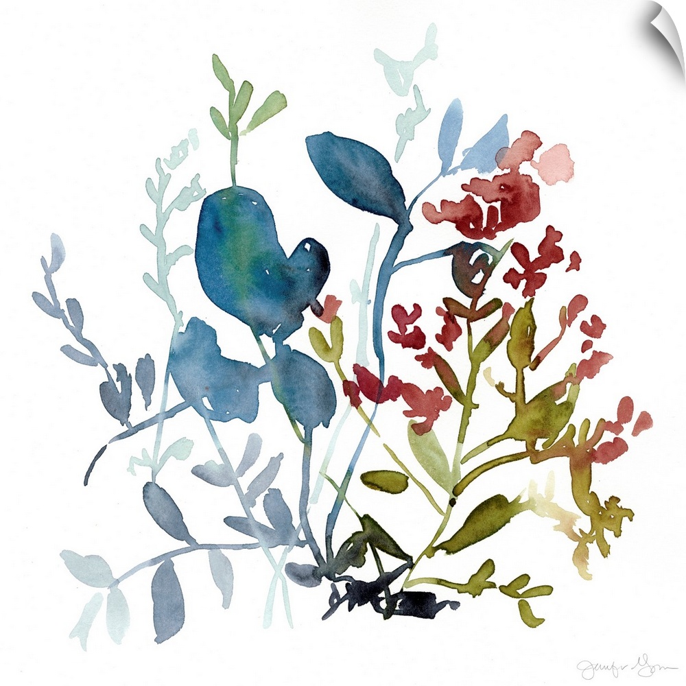 Watercolor painting of an assortment of flowers and leaves.