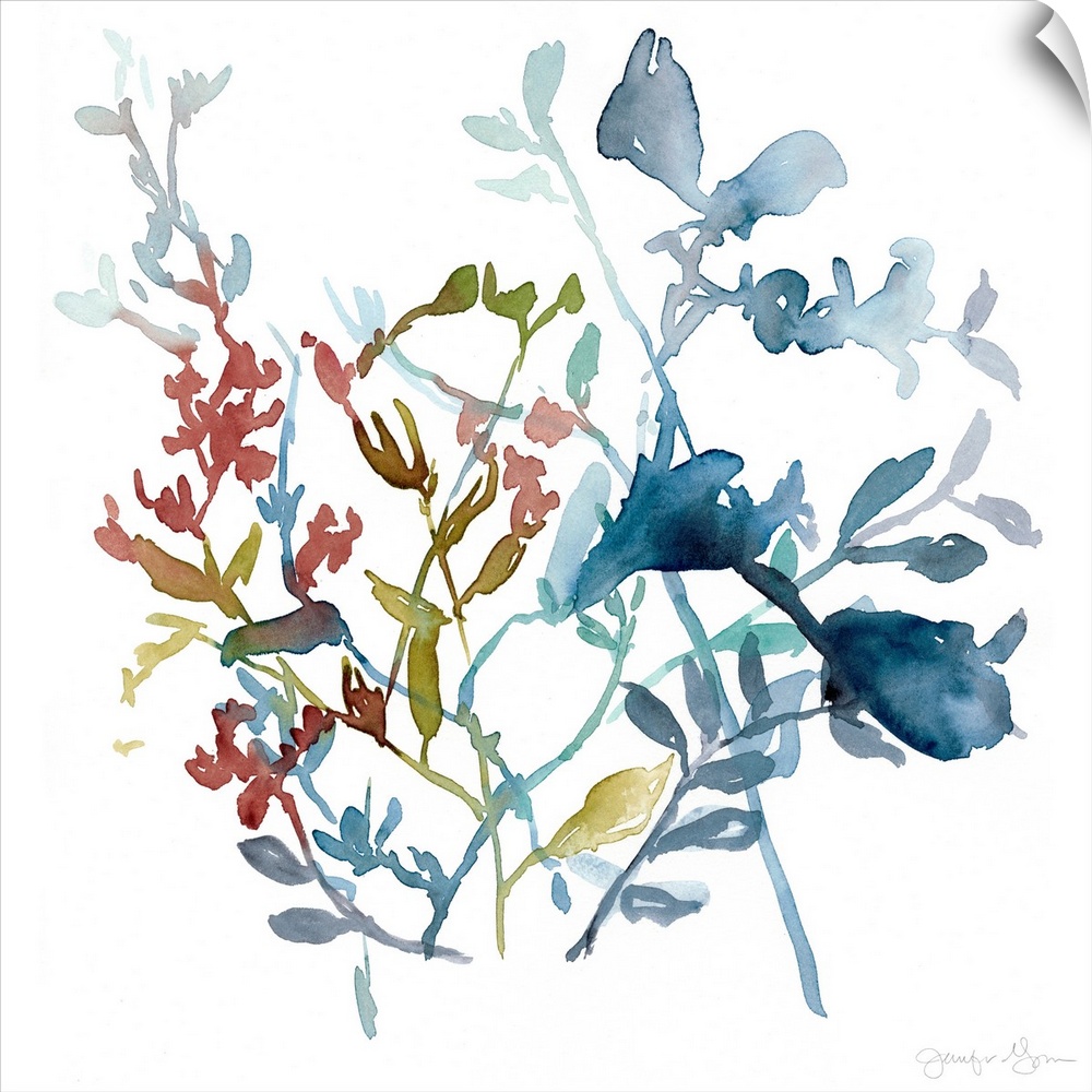 Watercolor painting of an assortment of flowers and leaves.