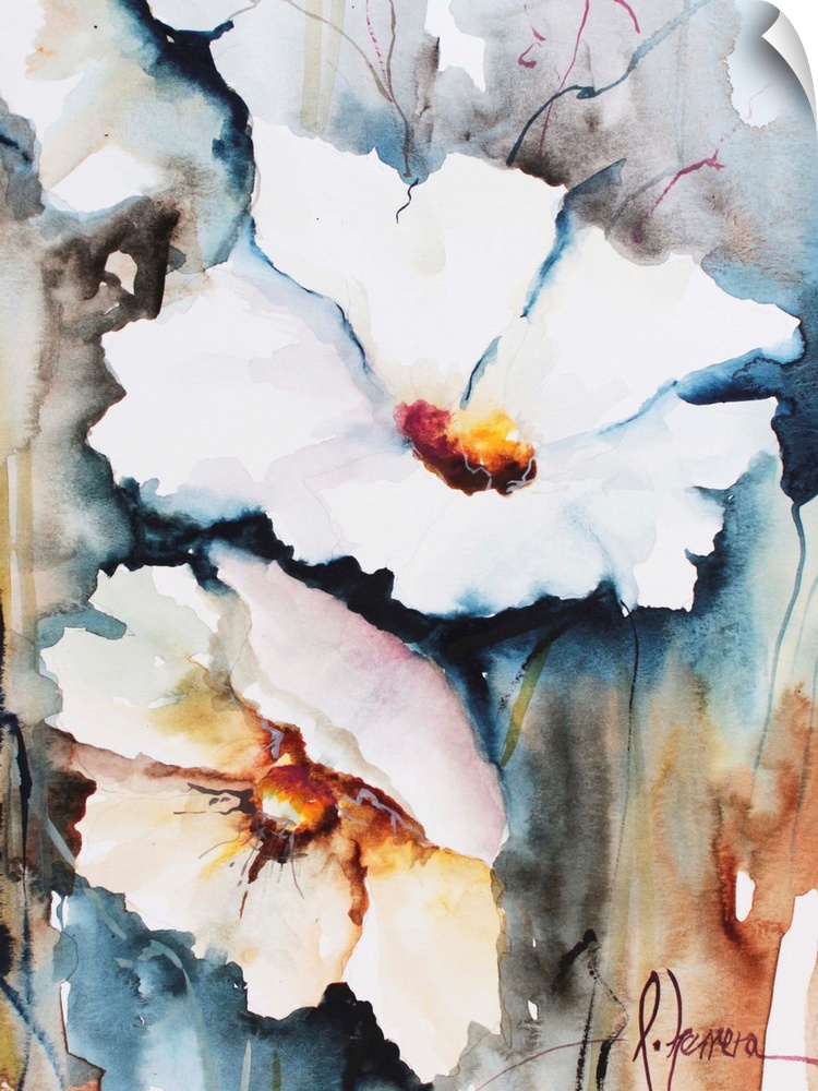 Watercolor painting of white flowers against a colorful background.