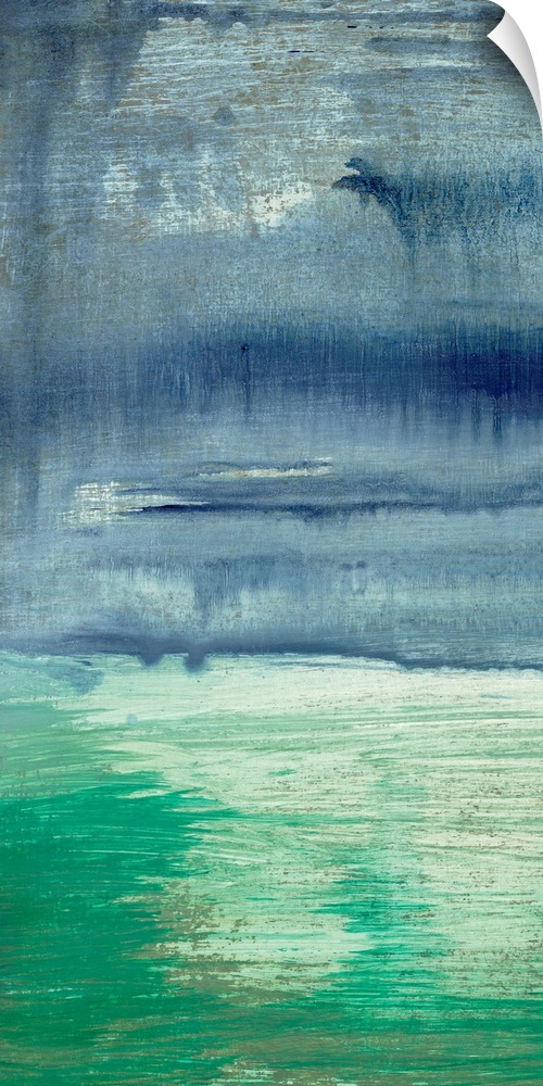 An abstracted painting of a waterscape with cool, blue tones.