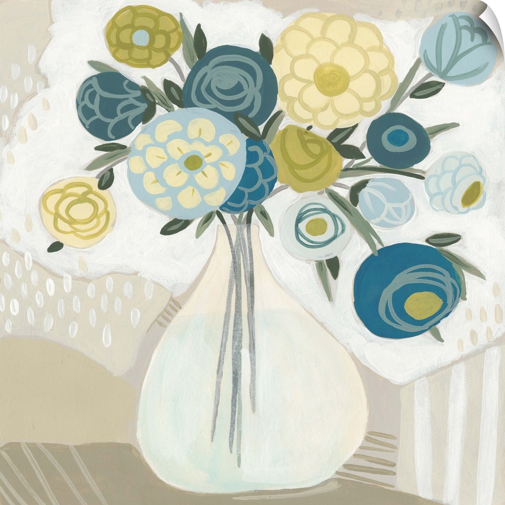 Thin brush strokes over solid circular shapes create blue and yellow flowers arranged in a clear vase in this contemporary...