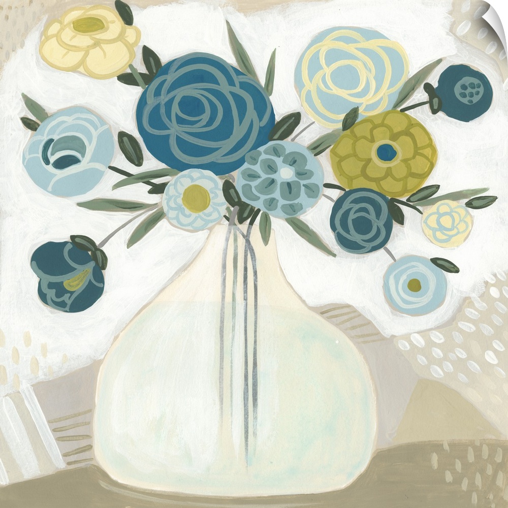 Thin brush strokes over solid circular shapes create blue and yellow flowers arranged in a clear vase in this contemporary...