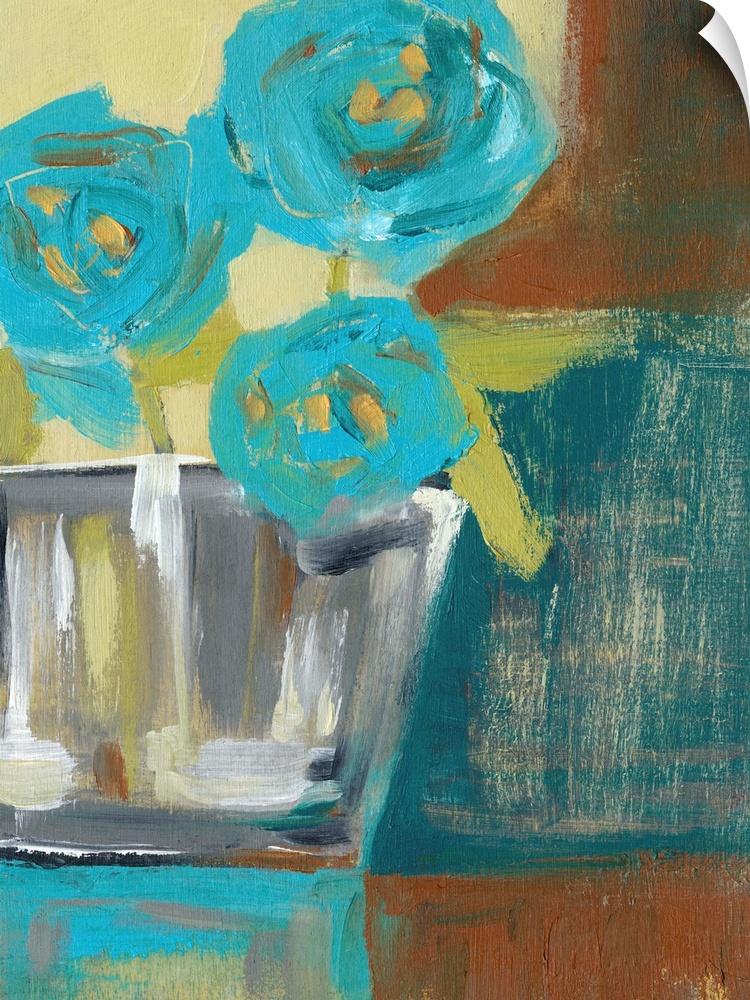 Contemporary painting of a small bouquet of blue flowers against a brown and tan abstract background.