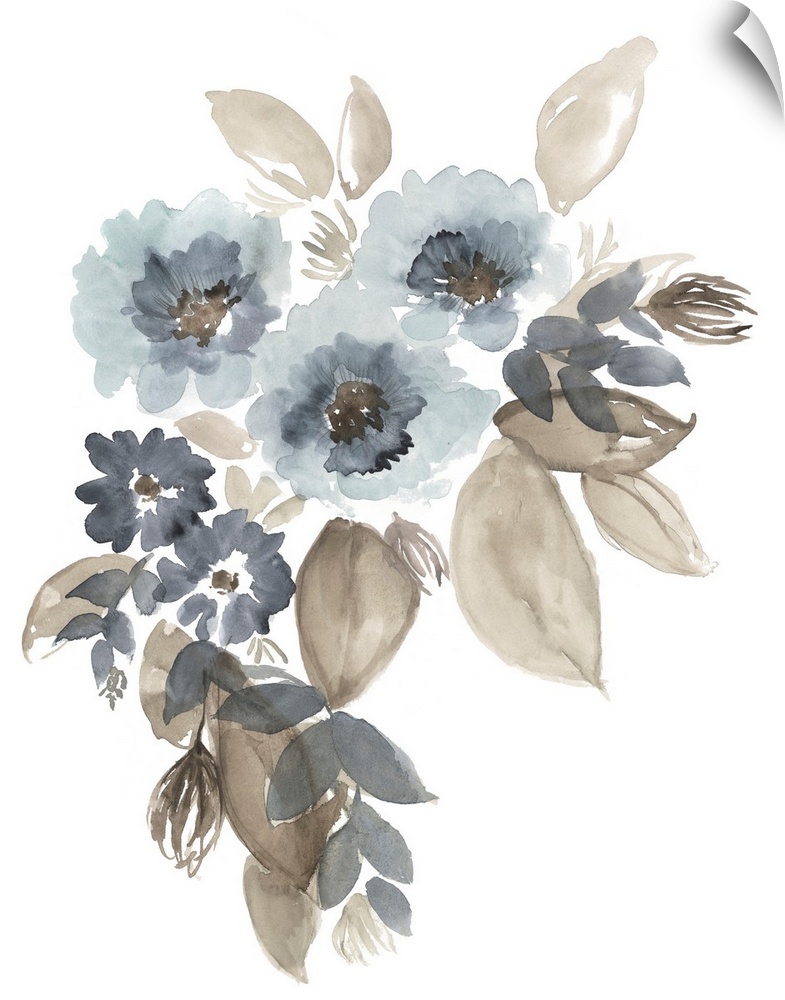 A simple, loose watercolor floral image in complimentary shades of pale, inky blue and warm taupe.