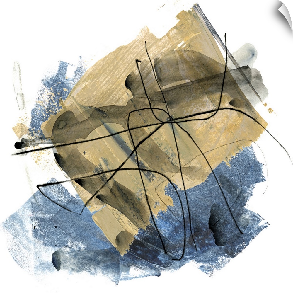 Abstract painting of blue and brown tones with a overlay of chaotic thin black lines, on a white background.