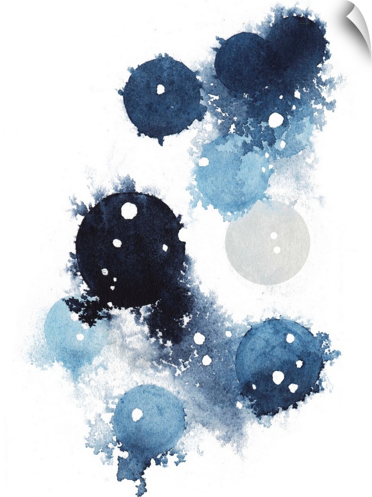 Contemporary abstract artwork of blue globular shapes with bleed stretching out into empty space.