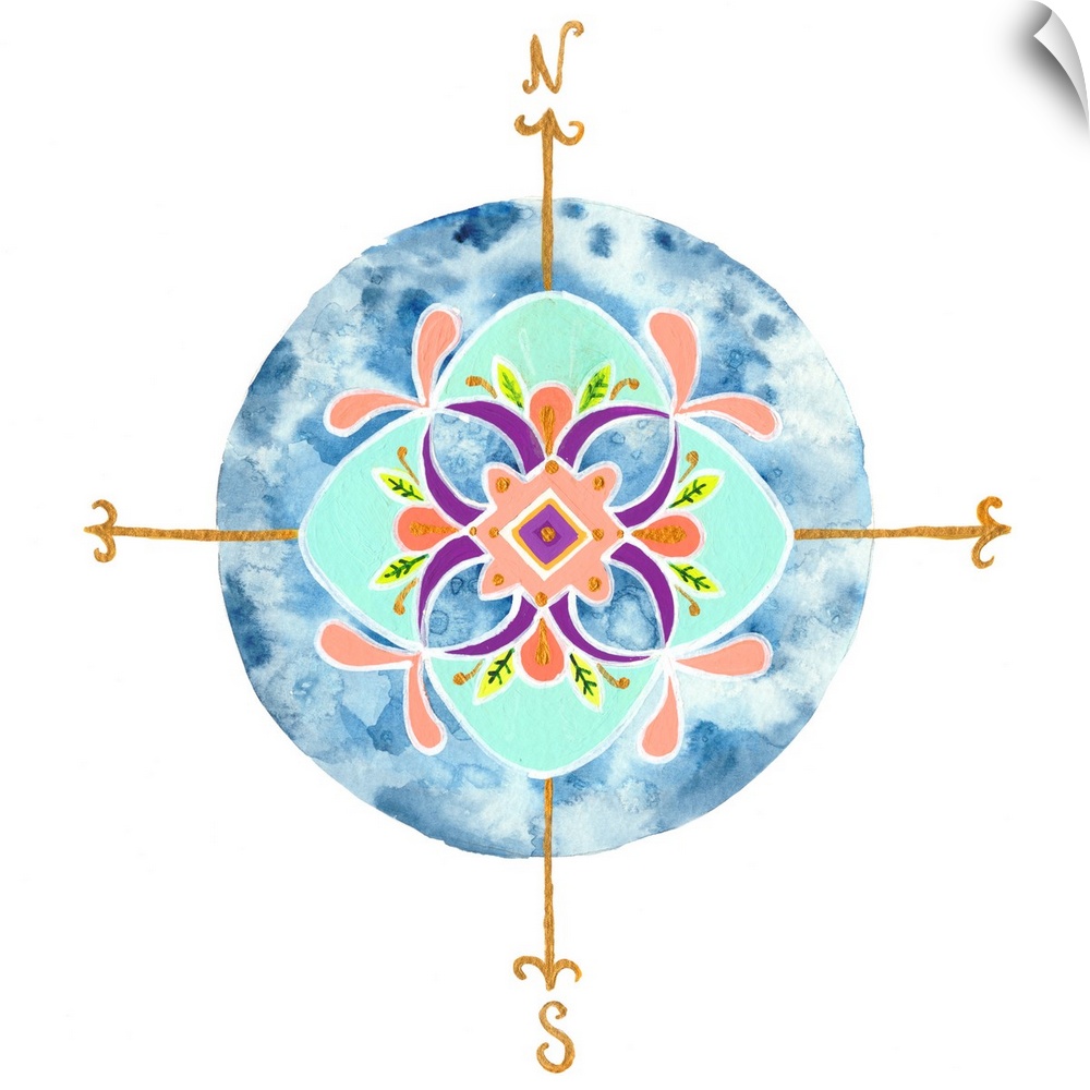 Decorative compass with a leaf mandala-like pattern over a circular watercolor blue background.