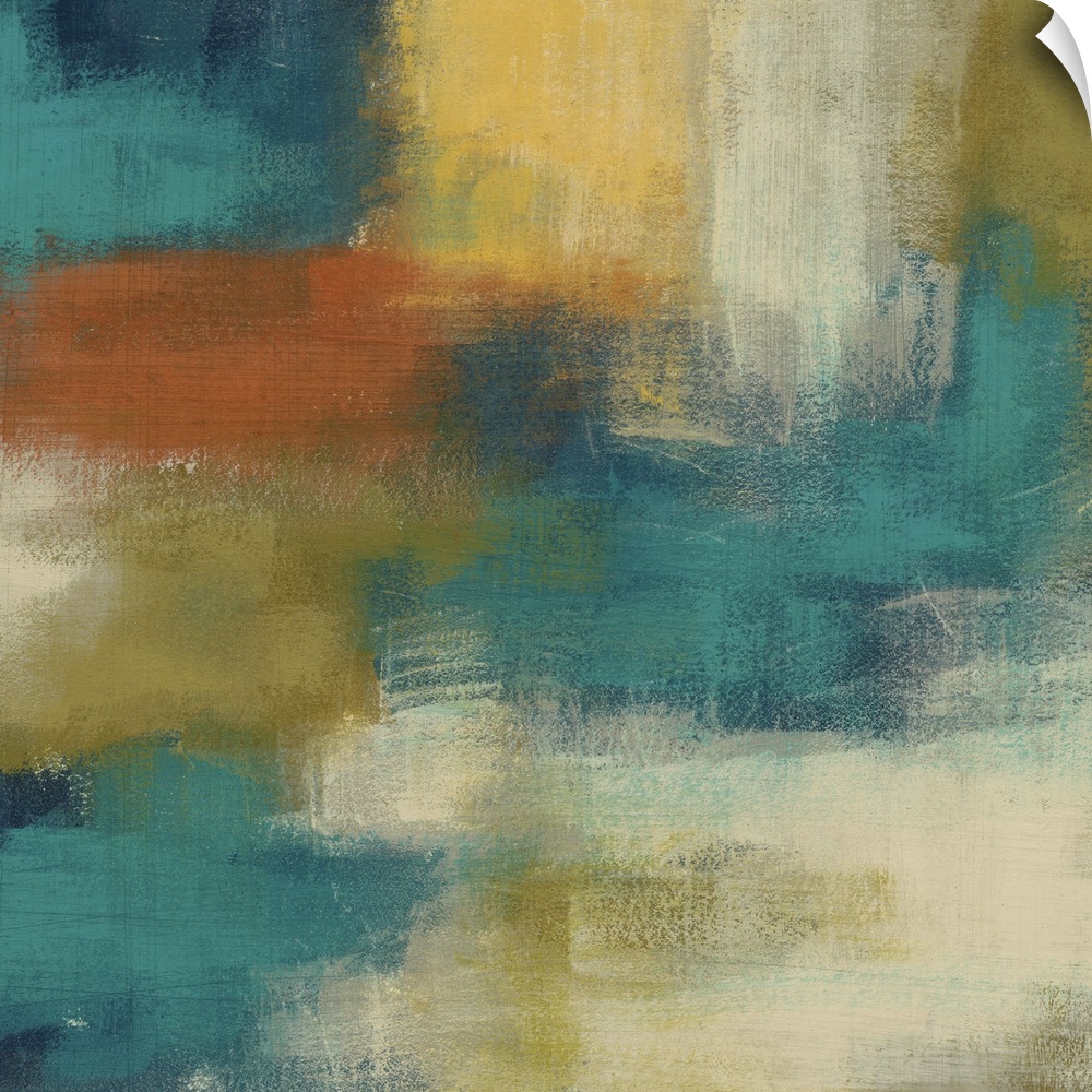 Contemporary abstract painting of large areas of intense color contrasted with pale tones.