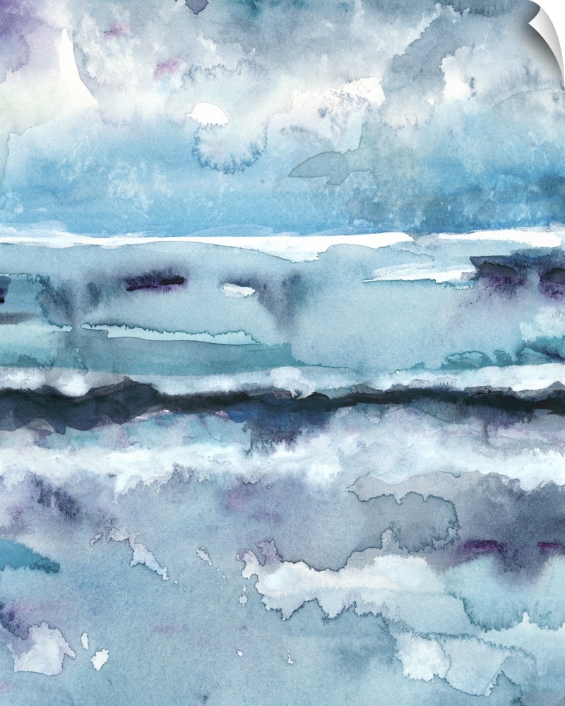 This vertical abstract watercolor painting contains shades of blue, purple and teal.