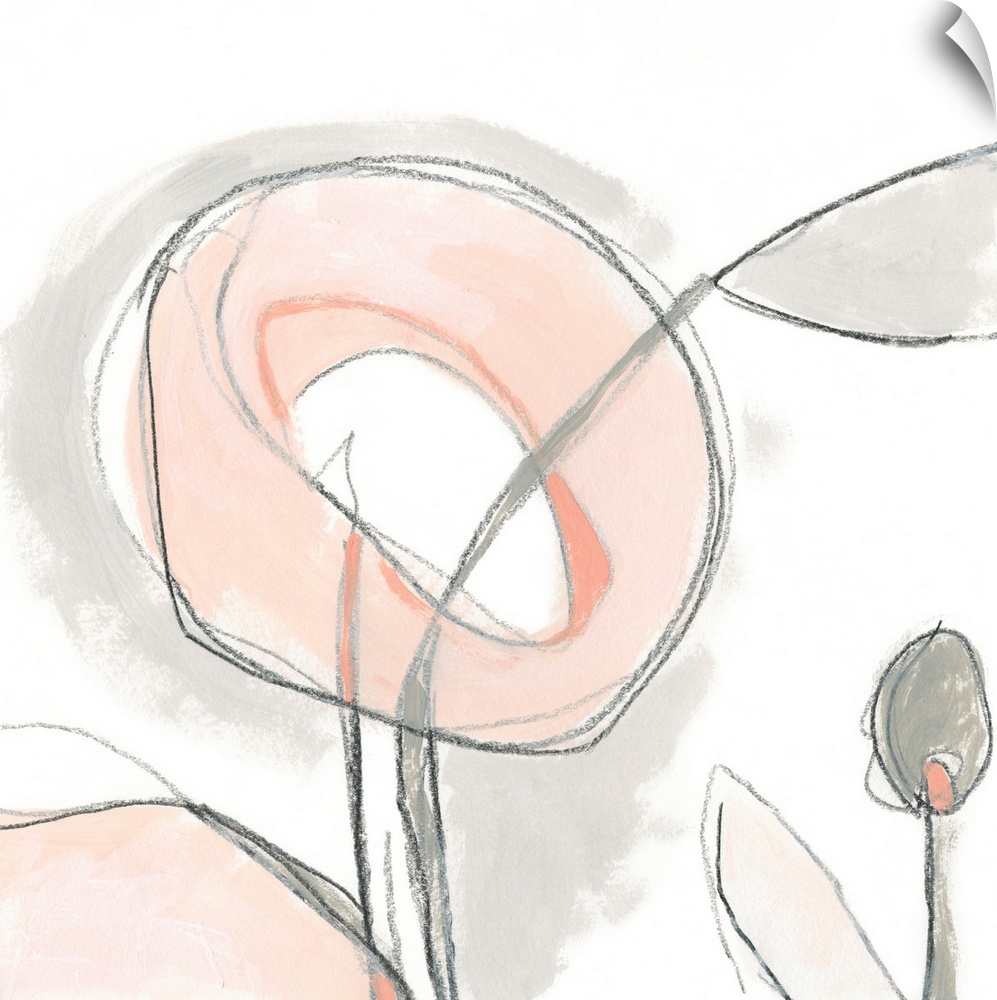 A contemporary abstract painting in organic shapes, reminiscent of a circular pink flower with grey leaves