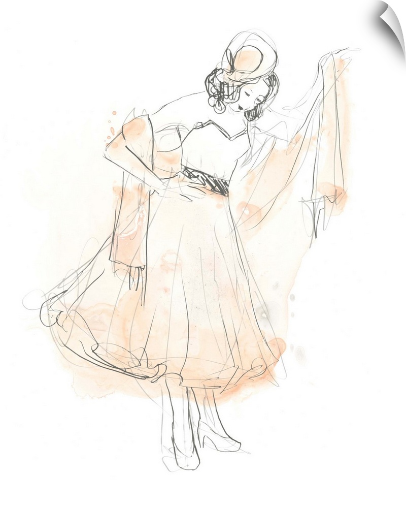 Artistic drawing of a fashionable woman in a dress with light watercolor accents in blush.