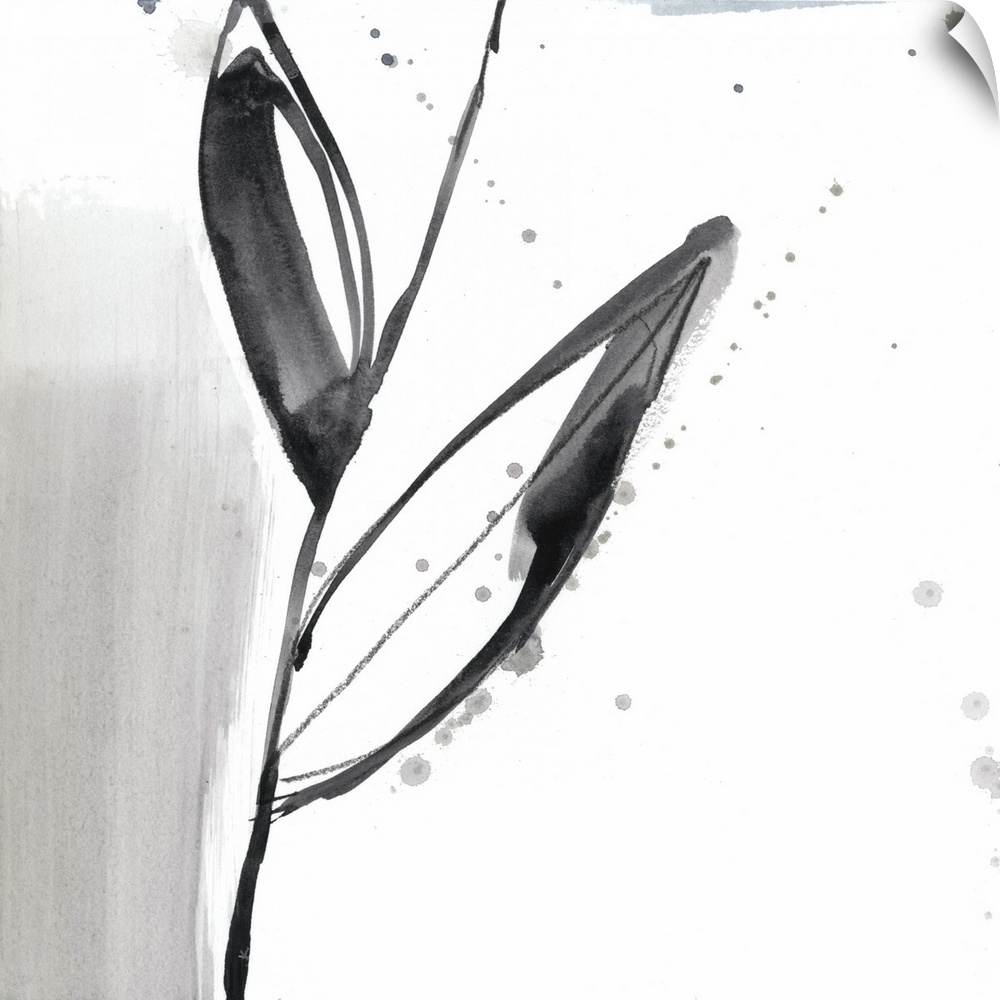Square watercolor abstract of a flower stem and leaves along strokes of gray with overlapping spatters of paint on a white...