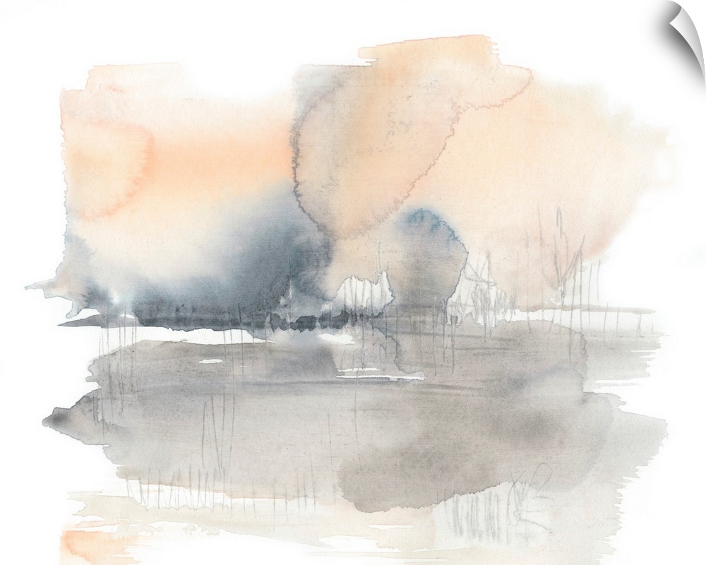A light, watercolor abstract in shades of peach and grey is reminiscent of a landscape.