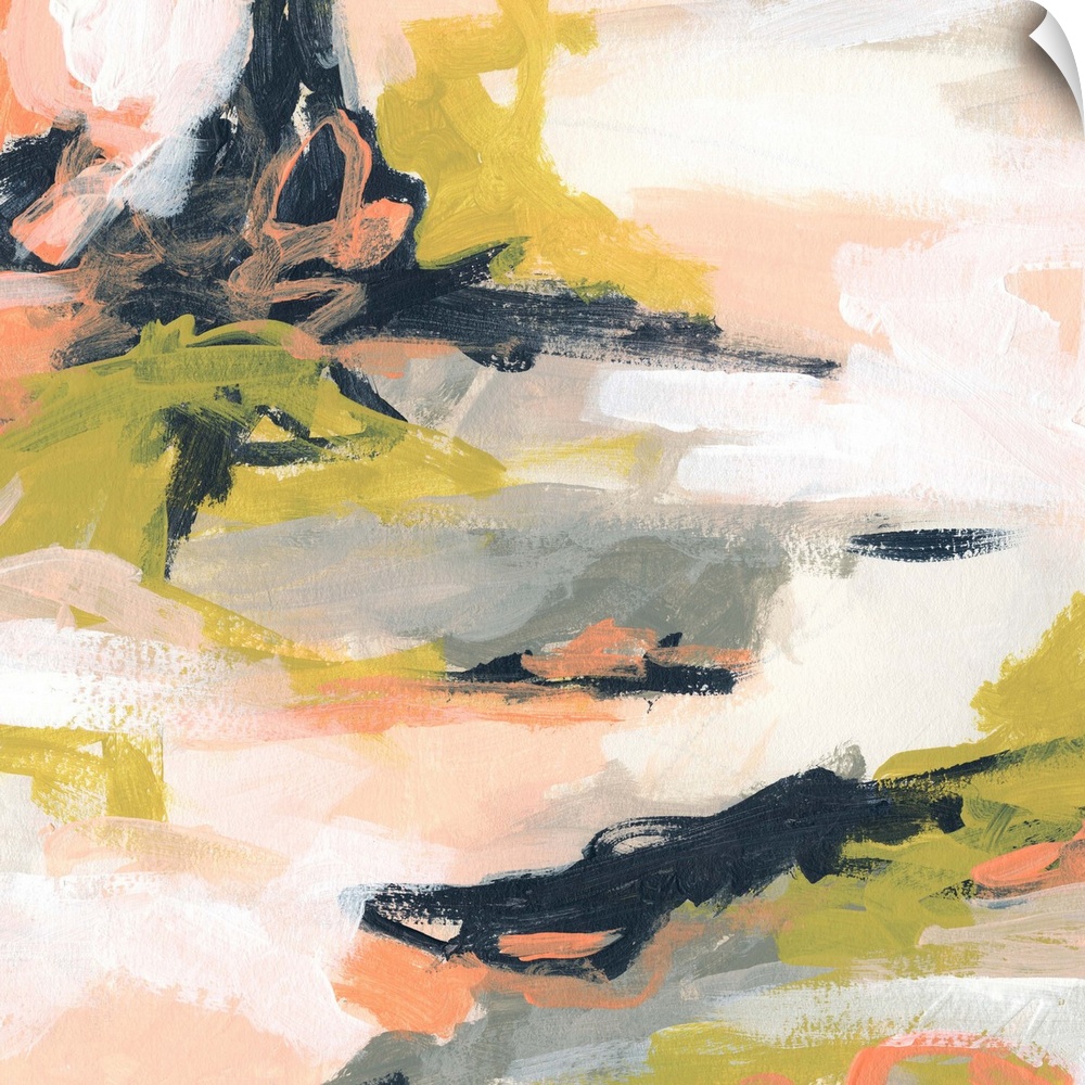 Contemporary abstract painting in blush, olive, and navy.