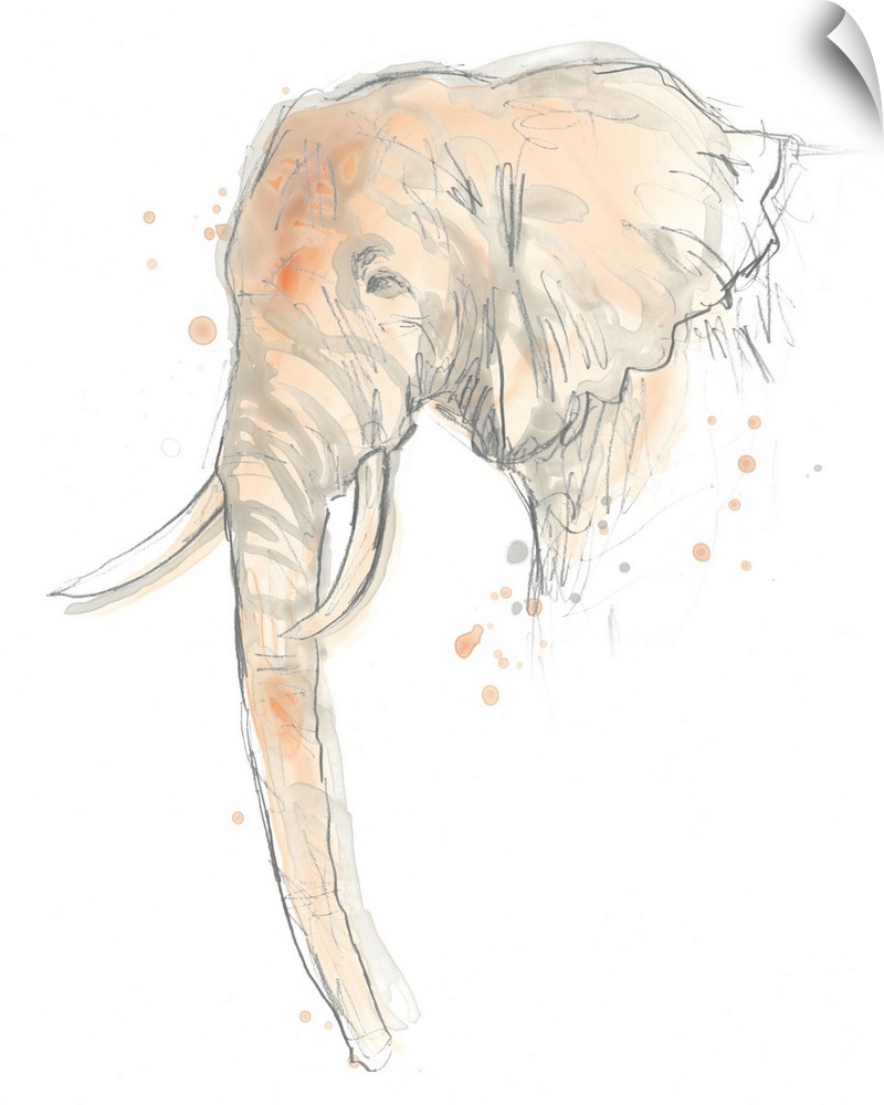Blush pink and gray watercolor painting of an elephant.