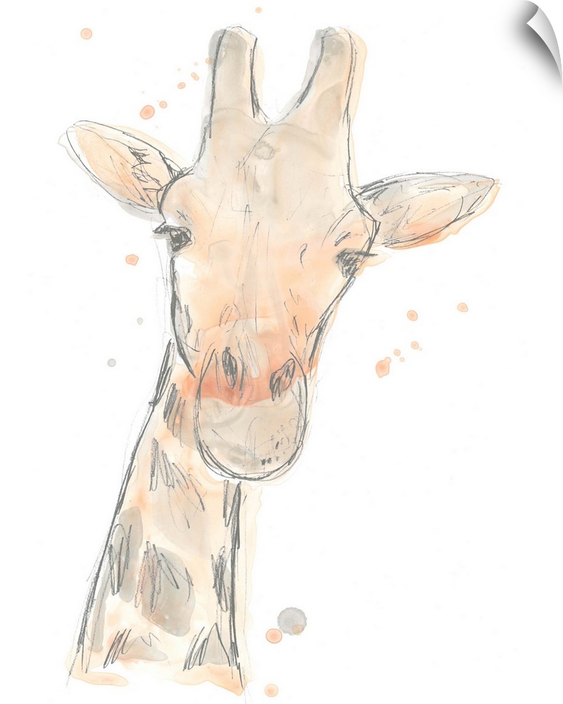 Blush pink and gray watercolor painting of a giraffe.