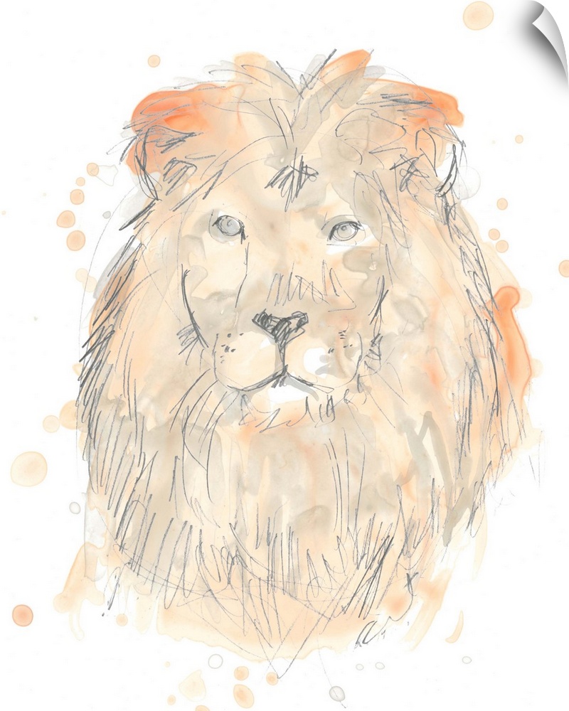 Blush pink and gray watercolor painting of a lion.