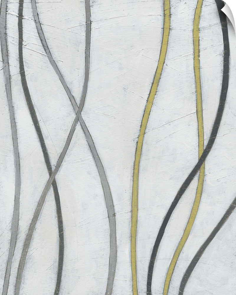 Abstract artwork of thin vines weaving along a white background.