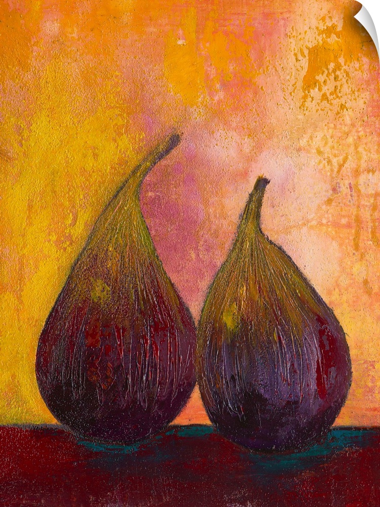 Contemporary painting of a two pears against a green background.
