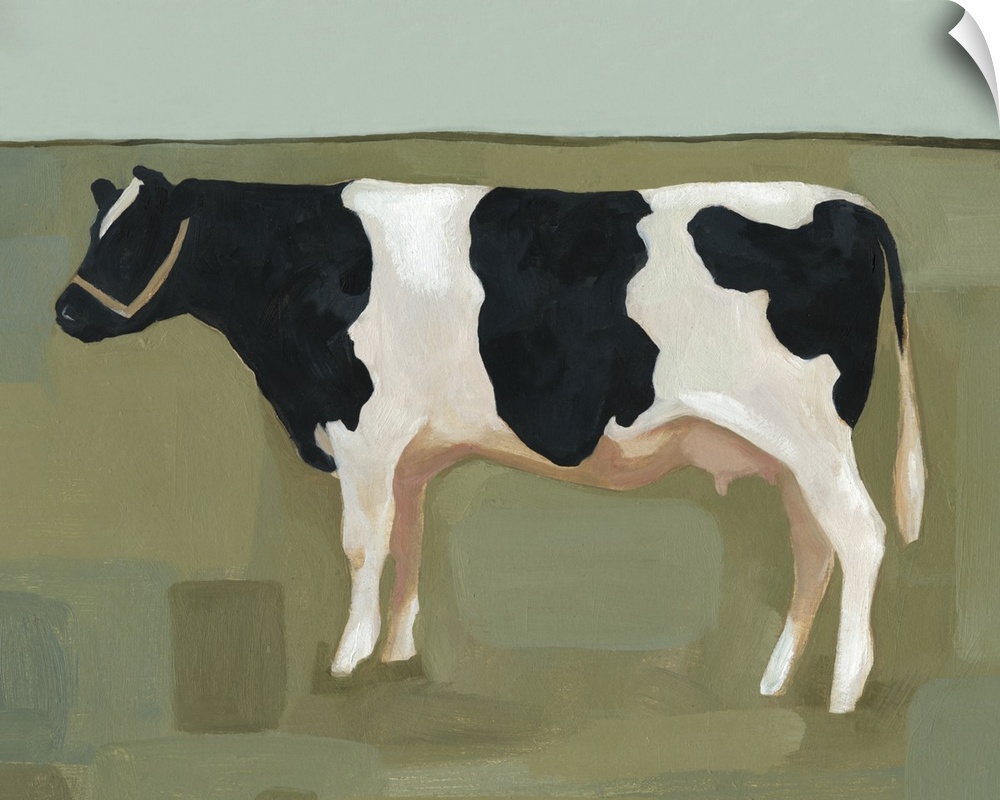 Contemporary painting of a black and white cow standing in a field of spotted shades of green.