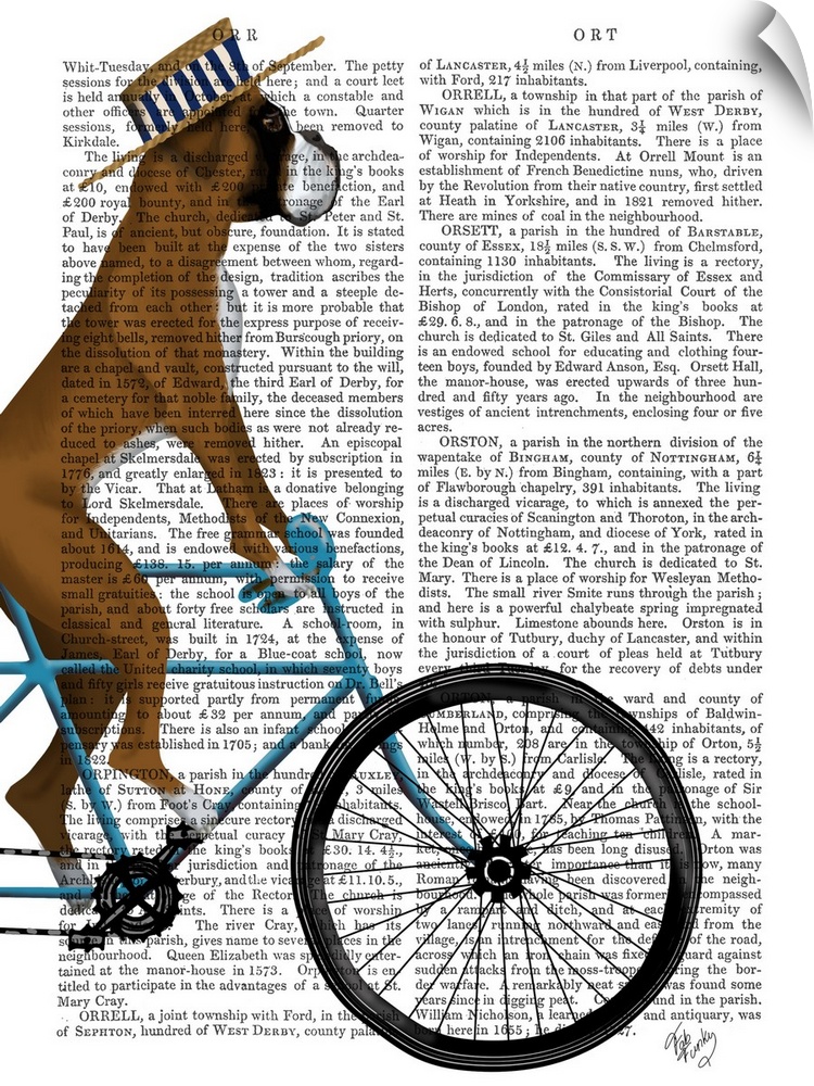 Decorative artwork of a Boxer wearing a hat and riding a bicycle, painted on the page of a book.